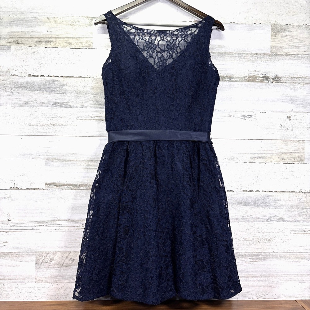 Mori Lee by Madeline Gardner Navy Blue Lace Overlay Fit & Flare Party‎ Dress 16